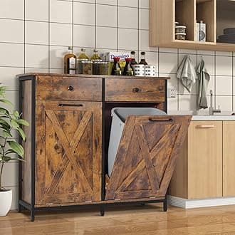 Anbuy Double Tilt Out Trash Cabinet, Farmhouse Style Dual Kitchen Trash Cabinet with Barn Door, Free Standing Wood Recycling Cabinet Rustic Brown and Black Dual