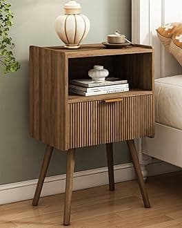 Nightstand,Modern Bedside Table with Storage Drawer and Open Wood Shelf, for Living Room, Bedroom and Small Spaces, Accent Night Stand with Solid Wood Legs, Easy Assembly,Walnut Brown