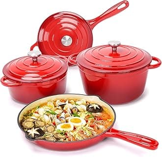 - Hisencn Enameled Cast Iron Cookware Set - 7 Piece Dutch Ovens Set, Sauce Pan, Skillet, 3 Lids, Pots and Pans Set, Ceramic Coated Cast Iron, Heavy Duty, Gas/Induction Compatible, PFA Free, Rouge Red