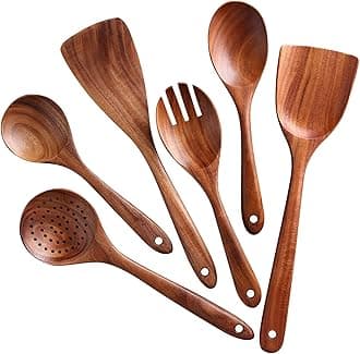 NAYAHOSE Wooden Utensil Set 6Pcs Wooden Spoons for Cooking, Natural Teak Wood, Non-Stick, Smooth Finish, Easy to Clean, Comfort Grip, Kitchen Wooden Cooking Utensils Set
