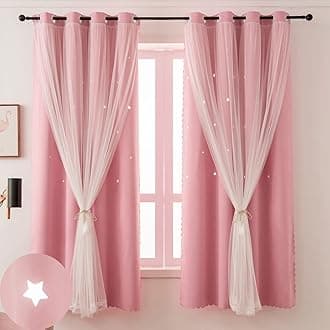 Pink Blackout Curtains for Girls Bedroom Cute - Aesthetic Star Cutout Double Layer with Sheer Overlay, 63 Inch Length 1 Panel Baby Nursery Curtains Kids Room Decor Drapes