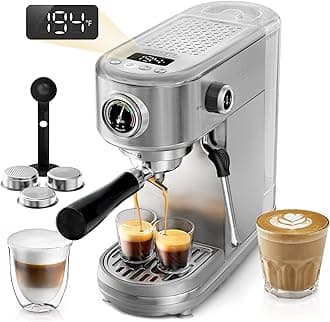 Espresso Machine 20 Bar, Semi-Automatic Cappuccino Maker with Milk Frother for Latte Art, Adjustable Temperature & Water Volume, with Display, Pressure Gauge & Stainless Steel Body