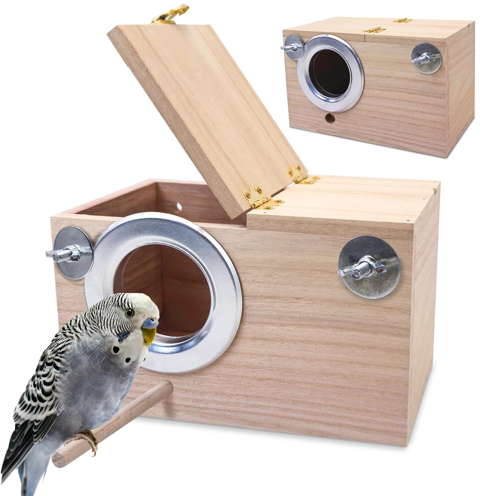 PINVNBY Parakeet Nesting Box Bird House for Cage Wood Mating Box Bird Breeding Box for Lovebirds, Cockatoo, Budgie, Finch, Canary Small and Medium Sized Birds (L:9.8 * 5.3 * 5.3 inch)