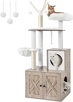 Feandrea 2-in-1 Modern Cat Tower, Cat Condo with Scratching Posts, Removable Pompom Sticks, Washable Cushions, Greige PCT113G01