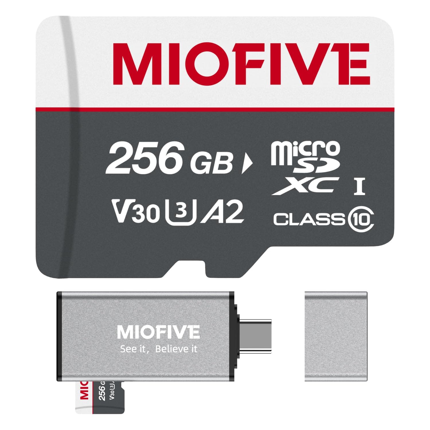 Miofive Memory Card - Ultimate Micro SD Card with USB 3.0 Type-C Card Reader 170MB/s, C10, U3, A2, V30, 4K for Dash Cams, Android Smartphones, Tablets, and Gaming Devices (256GB)
