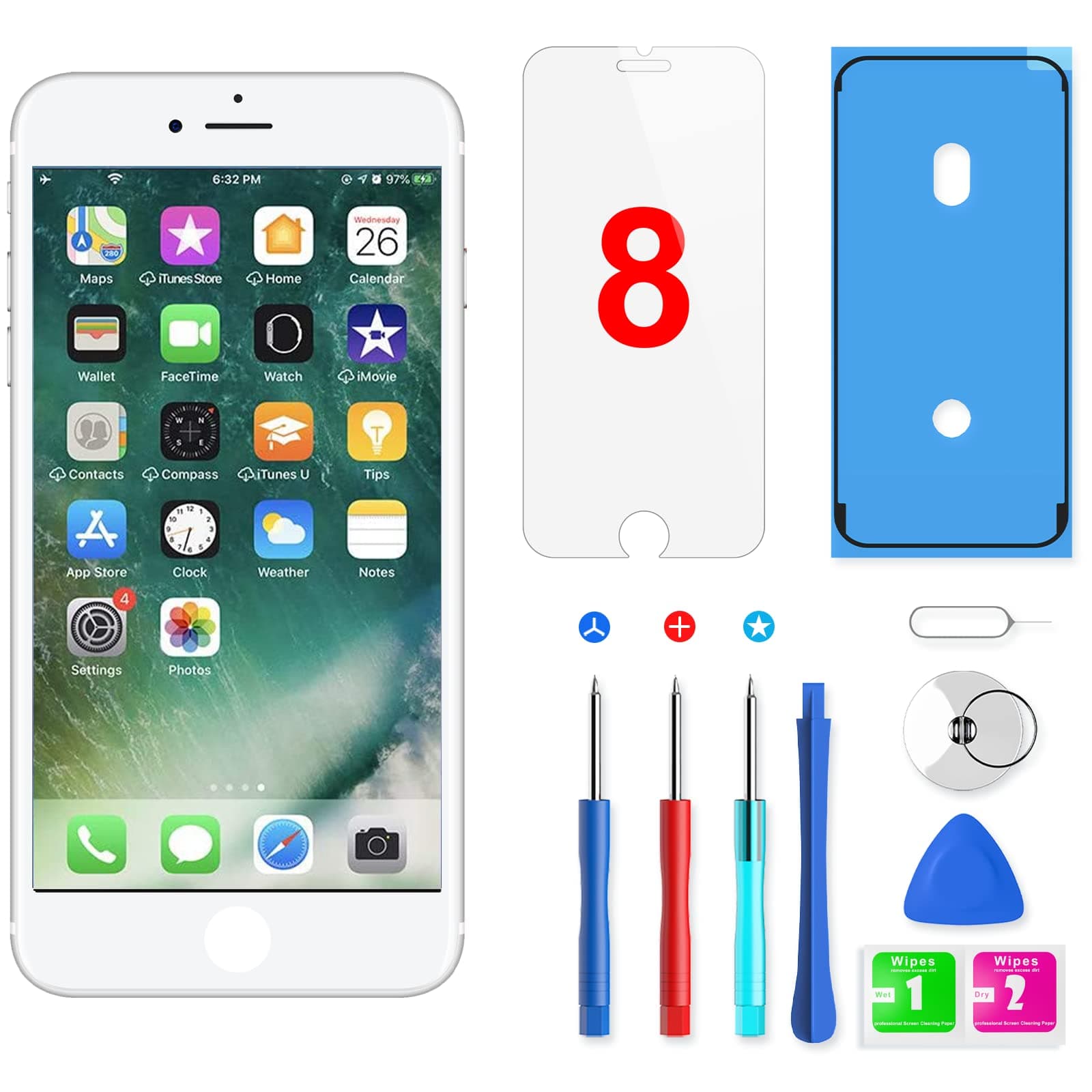 QTlier for iPhone 8 Screen Replacement, LCD Display Touch Screen Digitizer Assembly with Repair Tools+Adhesive Strips+Screen Protector for A1863, A1905, A1906 (White, 4.7 Inch)