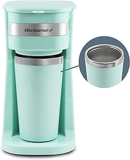 Elite GourmetEHC117M Personal Single-Serve Compact Coffee Maker Brewer Includes 14Oz. Thermal Travel Mug with Stainless Steel Interior, Compatible with Coffee Grounds, Reusable Filter, Mint