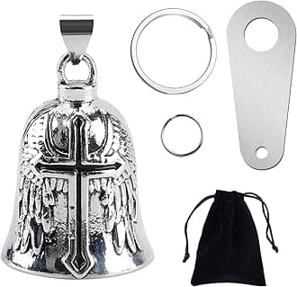 vvag Motorcycle Bell Guardian Angel, Good Luck Biker Bell with Bells Hanger 2 Key Chain Rings and Organizer Bag