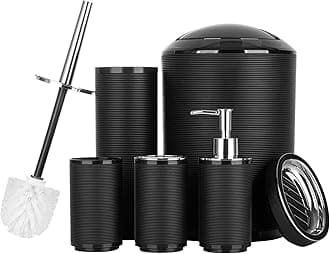 Fun Memories Bathroom Accessories Set 6 Piece Bath Ensemble Includes Toothbrush Holder, Soap Dispenser for Decorative Countertop and Housewarming Gift, Black