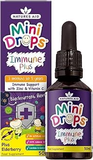 Mini Drops Immune Plus for Kids 50ml - Immune Support with Zinc and Vitamin C - Sugar Free, Vegan, Non-GMO, Natural Supplement for Infants and Children Age 0-5 Years Old - Dropper Included