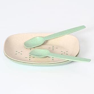 Eha Earth-Friendly Small Snack Serving Plates Set of 2 with Spoons | 6 inch | Small Snack Plates Made with Bamboo Fibers & Rice Husk Fiber | Microwave Safe | Dessert Plates | Celeste