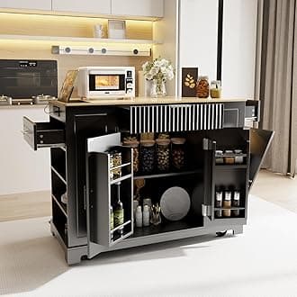 Rovibek Rolling Kichen Island on Wheels with Power Outlet, Portable Kitchen Island Cart with Trash Can Storage for 10 Gallon Black