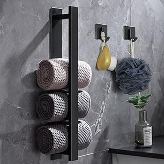 Stainless Steel Towel Rail Wall Mounted With 2 Hooks, Self Adhesive No Drilling, Matt Black Bathroom Accessories, 40cm Holder for Bathrooms/Kitchen