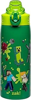 Zak Designs Minecraft Sage Kids Water Bottle For School or Travel, 19oz Stainless Steel Water Bottle With Straw, Handle, and Leak-Proof, Pop-Up Spout Cover (Steve, Alex, Mobs)