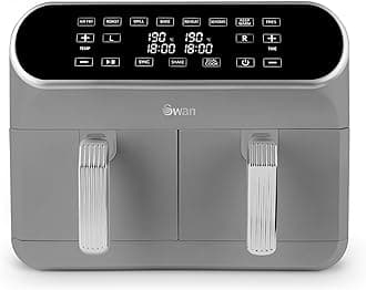 Swan SD10519GR Retro Dual Basket Air Fryer with Swan Cyclone Technology, LED Display, 8 Pre-Set Cooking Options, Adjustable Temperature, 8L, 1700W, Grey
