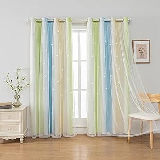 Ombre Rainbow Blackout Curtains for Kid Girls Bedroom Living Room Darking Stripe Double Layer Star Cut Out Wall Home Decor Gradient Grommet Window Curtains （Blue Green 52Wx84L）