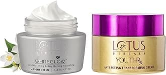 Lotus Herbals White Glow Skin Whitening and Brightening Nourishing Night Crème | 60g And Lotus Herbals Youthrx Anti-Ageing Transforming Creme, 50g