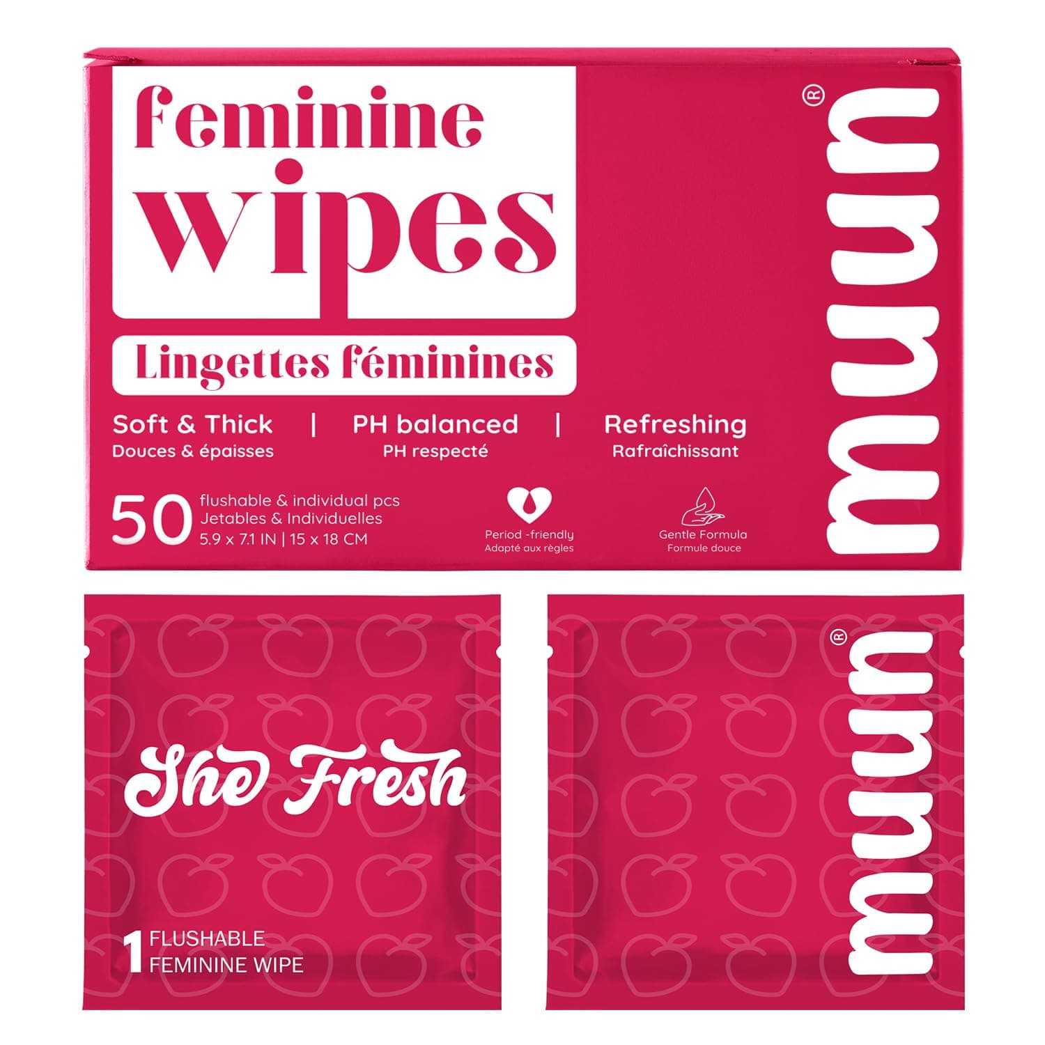 Muun Feminine Wipes Flushable - 50 Counts Individual Vaginal Wipes Ph Balance, Anti Itch Deodorant Hygiene Wrapped Personal Cleansing, Wet Wipes for Intimate, Butt