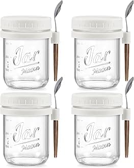 LANDNEOO 4 Pack Overnight Oats Containers with Lids and Spoons, 16 oz Glass Mason Jars with Airtight Lids, Overnight Oats Jars for Milk, Cereal, Fruit-White