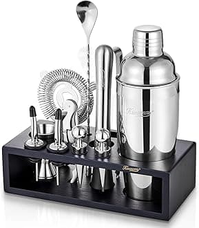 - KITESSENSU Cocktail Shaker Set with Stand | Mixology Bartender Kit Bar Set with Essential Bar Accessories for Home Bar: Martini Shaker, Jigger, Muddler, Bar Spoon | Drink Mixer Cocktail Kit
