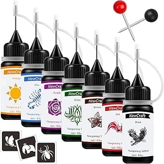 Temporary Tattoo Ink and Stencils for Adults Teens, Temporary Tattoo Kit Skin Friendly - Black Red Brown Green Purple Blue Orange