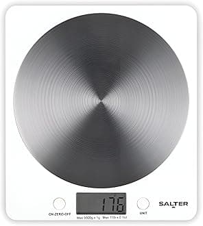 Salter White Disc Digital Kitchen Scale – Electronic Food Scale, Add & Weigh Multiple Ingredients, 5kg Capacity, Aquatronic for Measuring Liquids, Easy Read LCD Display, Includes Battery
