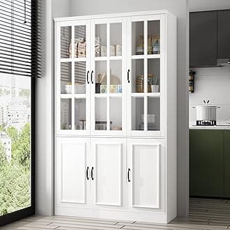 AIEGLE Freestanding Cabinet with 3 Glass Doors, Tall Storage with 5-Tier Shelves for Dining Room or Living Room, White