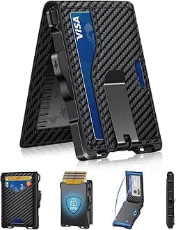 Men's Carbon RFID Blocking Minimalist Slim Wallet with Pop-Up Card Holder, Leather Aluminum, Bi-Fold, 12 Card Slots, ID Window, Money Clip, 4oz