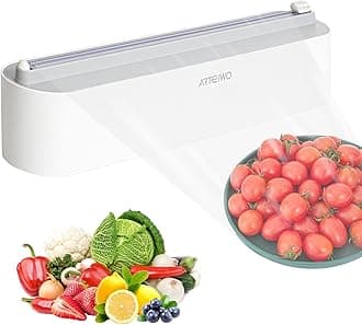 Magnetic Refillable Plastic Wrap Dispenser With Cutter, Tin Aluminum Foil Dispenser with Cutter, Sturdy Food Cling Wrap Film Cutter, 12 Inch X 328 Feet Plastic Wrap Included…