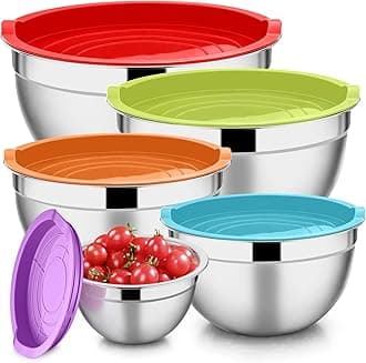 E-far Mixing Bowls with Lids Set of 5, Stainless Steel Mixing Bowls Metal Nesting Bowls with Airtight Lids, Non-toxic & Dishwasher Safe, Great for Cooking, Baking, Serving - Size 0.7/1/1.5/3/4.5QT
