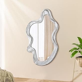 – Asymmetrical Mirror Wood Frame Irregular Wall Mirrors Unique Shape Wall Mounted Modern Artistic Cloud Mirror Decorative for Living Room Bedroom Cloakroom Bathroom Entryway Hallway White