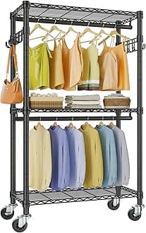 - VIPEK R2 Mini Rolling Clothes Rack Heavy Duty Clothing Rack for Hanging Clothes Adjustable Portable Closet Metal Clothes Racks with Wheels Double Rods Side Hooks, Freestanding Garment Rack, Black