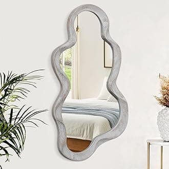 Irregular Cloud Wall Mirror Asymmetrical Mirror Modern Wood Frame Miiror Unique Shape Wall Mounted Vanity Artistic Mirror Decor for Living Room Bedroom Bathroom Entryway Hallway Large Vintage Grey