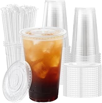 Lamosi 50 Pack 20 oz Clear Plastic Cups with Lids and Straws, Disposable Plastic Coffee Cups with Lids for Iced Coffee, Cold Beverages, Smoothies and To-Go Drinks