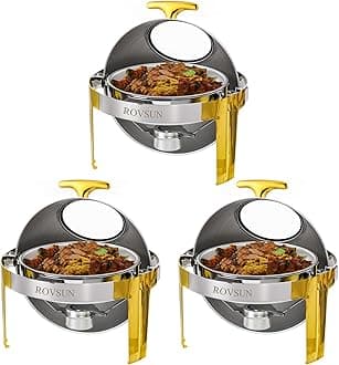 ROVSUN Roll Top Chafing Dishes for Buffet 6QT 2 Pack, Stainless Steel Round Chafing Dish Buffet Set, Buffet Servers and Warmers Set with Glass Window for Weddings Parties Catering Events, Gold