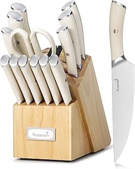 Kuisine Kitchen Chef's Knife Set Block Utensils Set,High Carbon Stainless Steel Razor-Sharp Blade Ergonomic Handle, Kitchen Knife Block Set with Built-in Sharpener,Elegant Gift(Ivory,15pcs）