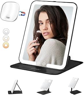ESWU Portable Folding Makeup Tabletop Mirror with 10X Magnifying Mirror, Rechargeable 3-Color Light, Adjustable Stand (Black)