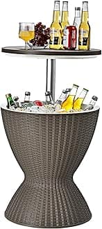 Ice Bucket Table, 30L Multifunctional Ice Beer Drinks Storage Holder with Height Adjustable Tabletop, Outdoor Garden Patio Deck Cool Bar for Camping Picnic Party (Brown)