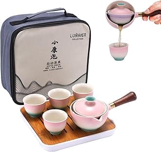 LURRIER Porcelain Chinese Gongfu Tea Set,Portable Teapot Set with 360 Rotation Tea maker and Infuser,Portable All in One Gift Bag for Travel,Home,Gifting,Outdoor and Office (Pink)
