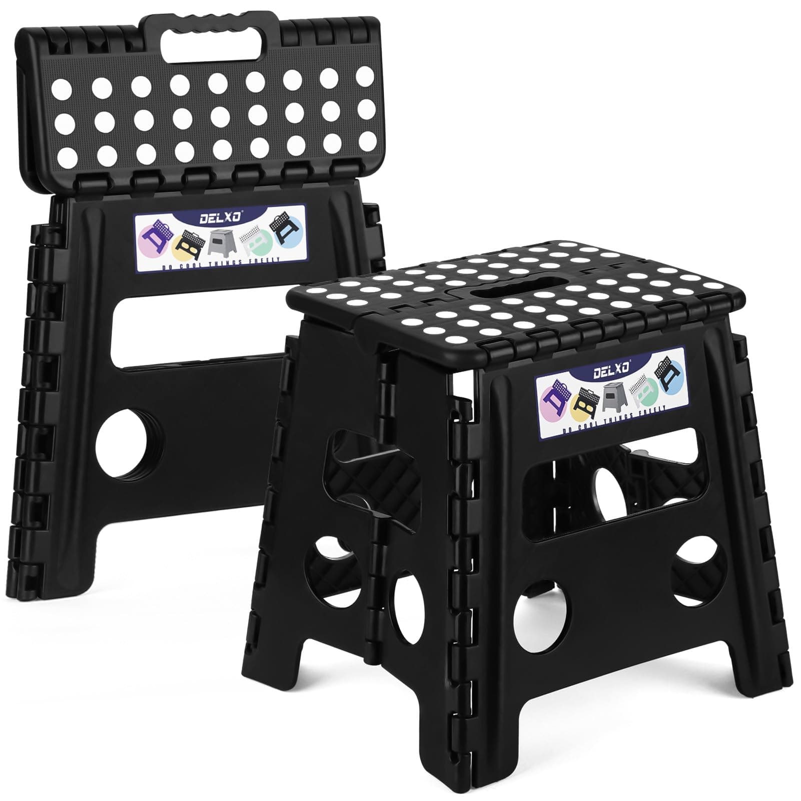Delxo 13 inch 2 Pack Folding Step Stool, Non-Slip Foldable Stools Up to 300 LBS, Step Stool with Handle, Lightweight Collapsible stools for Kitchen, Bathroom, Bedroom, Garden (Black)