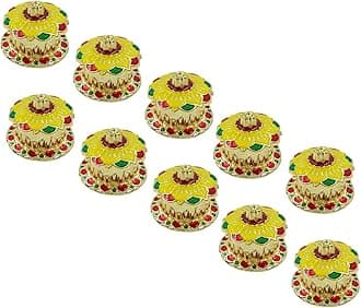 Round Flower Single Kumkuma Holder Chimil Box - Plastic Golden Metallic Color(Pack of 10) - Decorative Art Design Tilak Daani, Sindoor for Women Return Gift, Diwali, Weddings, Pooja