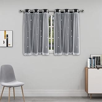 Cute Blackout Curtains for Girls Bedroom - Black Aesthetic Star Cutout Double Layer with Sheer Overlay, 45 Inch Length 2 Panels Teens Kids Room Curtain Nursery Decor Short Drapes