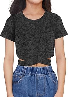OYOANGLE Girl's Cute Crisscross Short Sleeve Cutout Solid Crop Top Tee T-Shirts