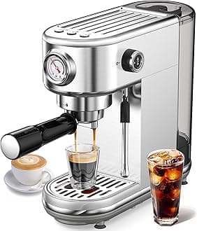 Espresso Machine with Milk Frother, 20 Bar Pressure Espresso Maker, with 44OZ Removable Tank, Compact Stainless Steel Coffee Machine for Home, Office, Latte, Cappuccino, Macchiato, Silver