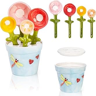 Coloch 5Pcs Ceramic Measuring Spoons and Cup, Flower Baking Scale Spoons with Base Set for Dry and Liquid Ingredient, 1/4 tsp, 1/2 tsp, 1 tsp, 1 Tbsp