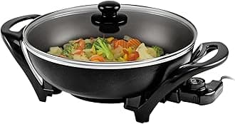 OVENTE Electric Wok with Nonstick Coating, 13 Inch Family-Sized Skillet, 1400W Power, Adjustable Temperature, Tempered Glass Lid, Cool Touch Handles and Easy to Clean Frying Surface, Black SK3113B