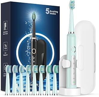 Sonic Electric Toothbrush for Adults - Rechargeable Electric Toothbrushes with 8 Heads & Travel Case,Teeth Whitening, Power Electric Toothbrush with Holder, 3 Hours Charge for 120 Days - Light Green