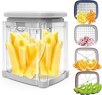 CrazyQueen French Fry Cutter 4-in-1 Food Dicer Chop Box, Potato Cutter for Fries Potato French Fry Onion Cutter Food Chopper Manual Hand Vegetable Cutter Dicer Apple Slicer, 4 Blades