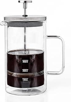 Sipologie Glasriket Double Wall French Press Coffee Maker 600ml I 4-Level Filtration I Heat Insulated Borosilicate Coffee Press Glass I Measurement Marking, Coffee Spoon, Extra Filter Mesh