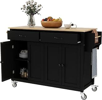 LUMISOL Rolling Kitchen Island with 2 Cabinets and 2 Drawers, Large Kitchen Table with Solid Wood Top, Portable Islands on Wheels for Dining Room Living Room, Black